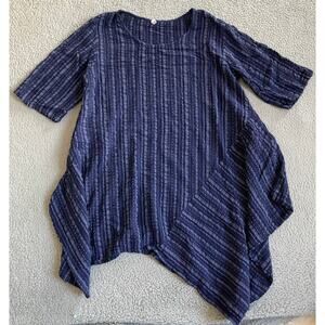 Asymmetric Mini Dress Small Scoop Neck Pocket 3/4 Sleeve Blue Striped Beach Boho